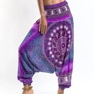Harem Pants Womens OSFA Purple Peacock Pull On Hippie Bohemian Boho